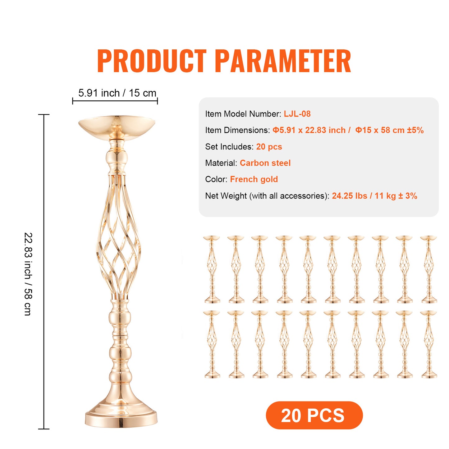 Gouden Bloemenstandaard – Bloemhouder – Bloemstukhouder – Tafeldecoratie – Bruiloft Decoratie – 20 Stuks – 58 cm Hoog – Carbonstaal Met Gouden Coating