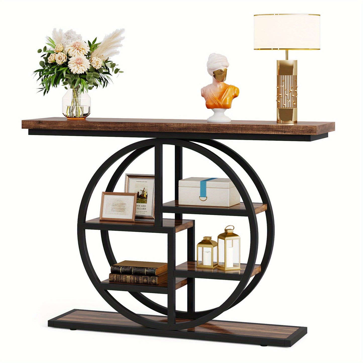 Smalle Rondvormige Haltafel – Sidetable – Opbergtafel – Gangtafel – Halmeubel – Rustiek Bruin – Multi-laags Opbergplanken – Hout & Kunststof – Ruimtebesparend Design