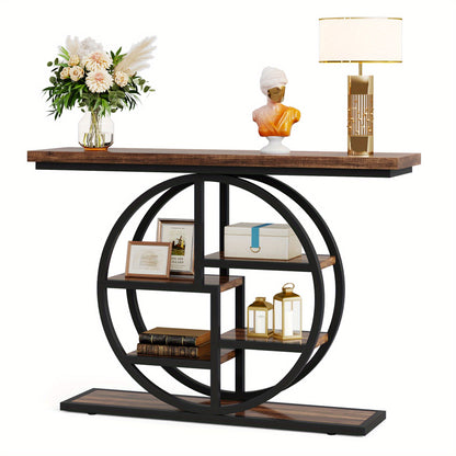 Smalle Rondvormige Haltafel – Sidetable – Opbergtafel – Gangtafel – Halmeubel – Rustiek Bruin – Multi-laags Opbergplanken – Hout & Kunststof – Ruimtebesparend Design