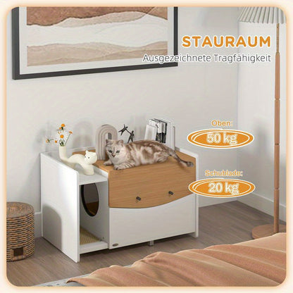 All-in-One Kattenbak – Kattenbak Met Bed – Kattenbakkombinatie – Kattenhuisje – Kattenmeubel – Ruimtebesparend Ontwerp – Wit Met Eikenhoutlook – 78x50x51 cm – Duurzaam PVC & PC – Scharnierend Deurtje