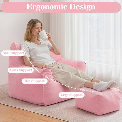 Zitzak – Zitzakstoel – Poef – Loungestoel – Fauteuil – Grote Zitzak Met Verstelbare Poef – Memory Foam Vulling – Zachte Corduroy Stof – Roze