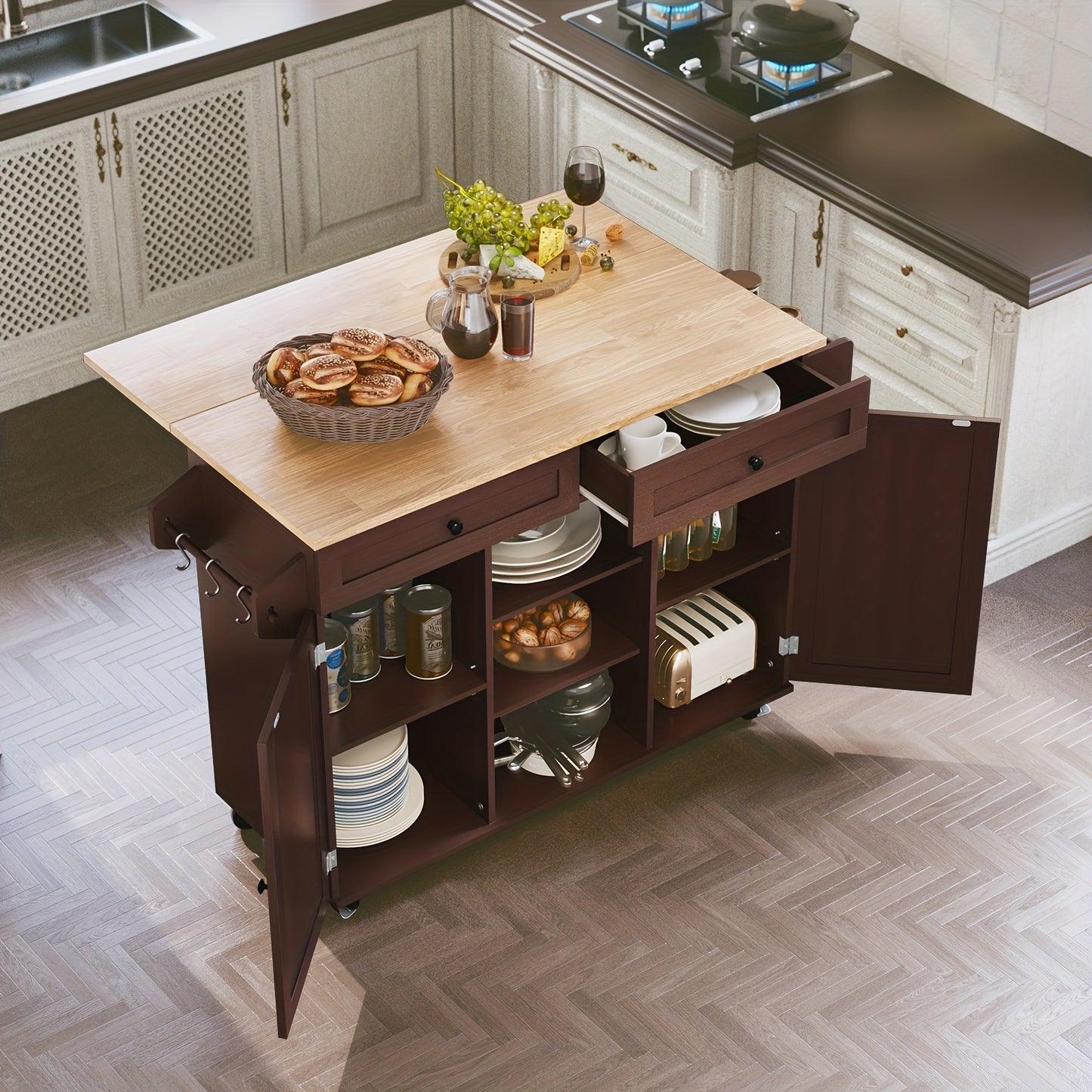 Keukenwagen – Kookeiland – Serviewagen – Opbergwagen – Keukentrolley – Massief Hout – Inklapbaar Met Wieltjes – Verstelbare Planken – Ruimtebesparend Design