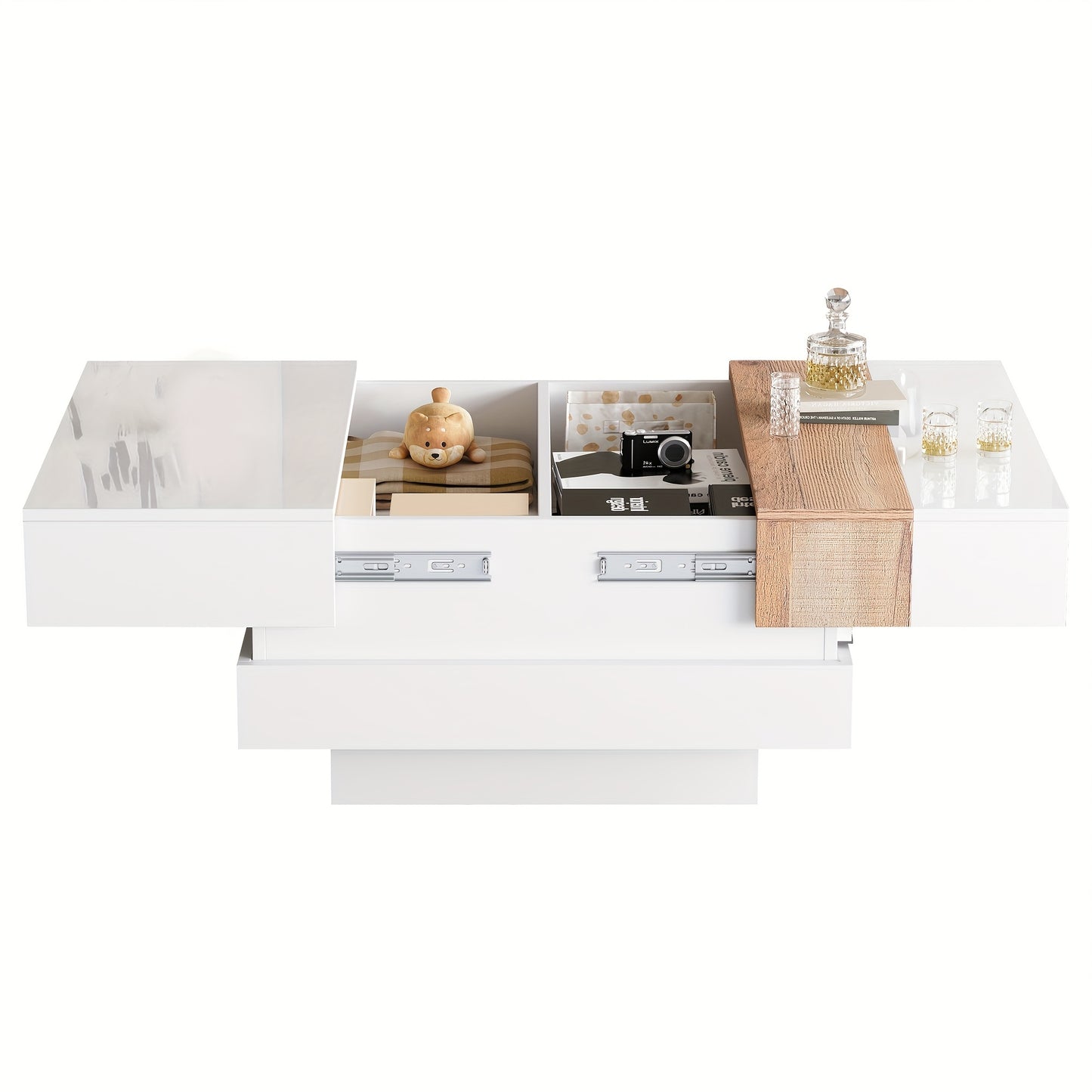 A High-Gloss Square Coffee Table Measuring 70*70*39Cm, Featuring a Retractable Tabletop, Hidden Storage, And a Partition, Available in White And Primary Colors