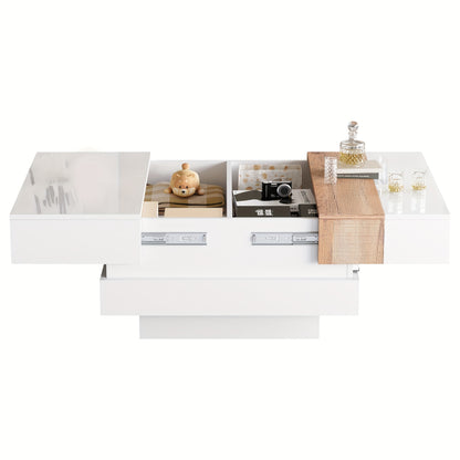 A High-Gloss Square Coffee Table Measuring 70*70*39Cm, Featuring a Retractable Tabletop, Hidden Storage, And a Partition, Available in White And Primary Colors