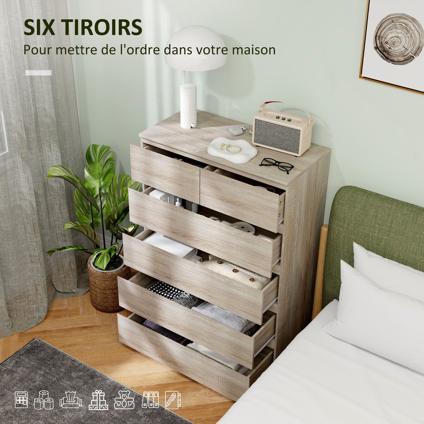 Commode – Ladekast – Dressoir – Kast – Opbergkast – Natuurlijk Hout – 6 Lades – Anti-Kantelbeveiliging – Strak Minimalistisch Design