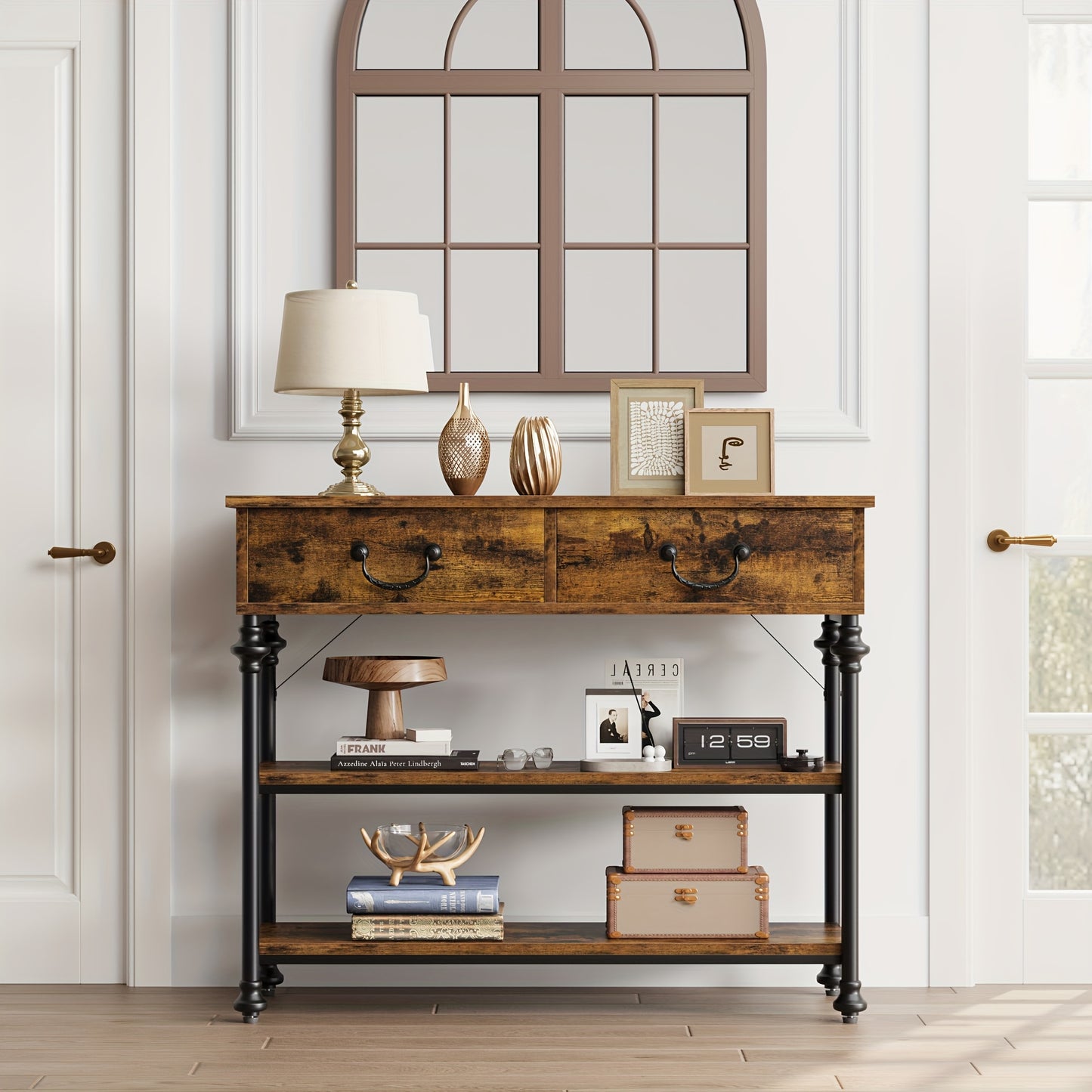 Sidetable – Console Tafel – Haltafel – Sofa Tafel – Opbergmeubel – Smal Ontwerp – 2 Lades & Open Planken – Metalen Frame & Houten Blad – Grijs