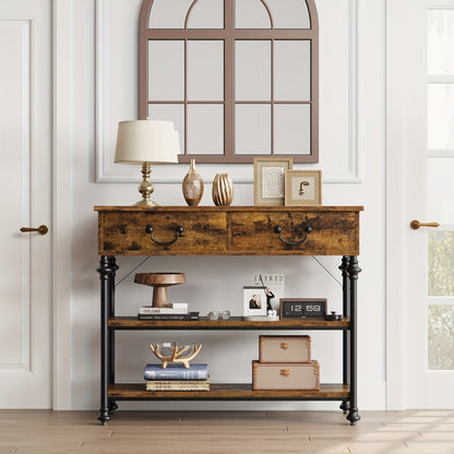Sidetable – Console Tafel – Haltafel – Sofa Tafel – Opbergmeubel – Smal Ontwerp – 2 Lades & Open Planken – Metalen Frame & Houten Blad – Grijs