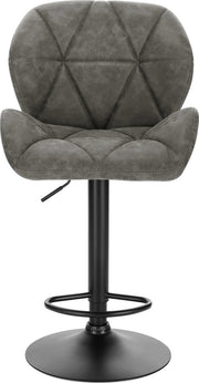 Set van 2 grijze leren barkrukken – Verstelbare barkrukken met rugleuning – Gaslift keukenkrukken – Zwarte metalen voet – Zithoogte 60–82 cm