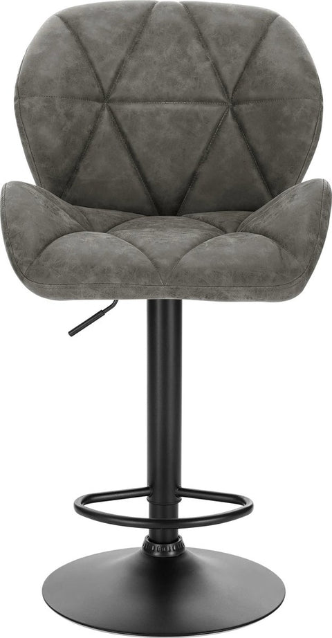 Set van 2 grijze leren barkrukken – Verstelbare barkrukken met rugleuning – Gaslift keukenkrukken – Zwarte metalen voet – Zithoogte 60–82 cm