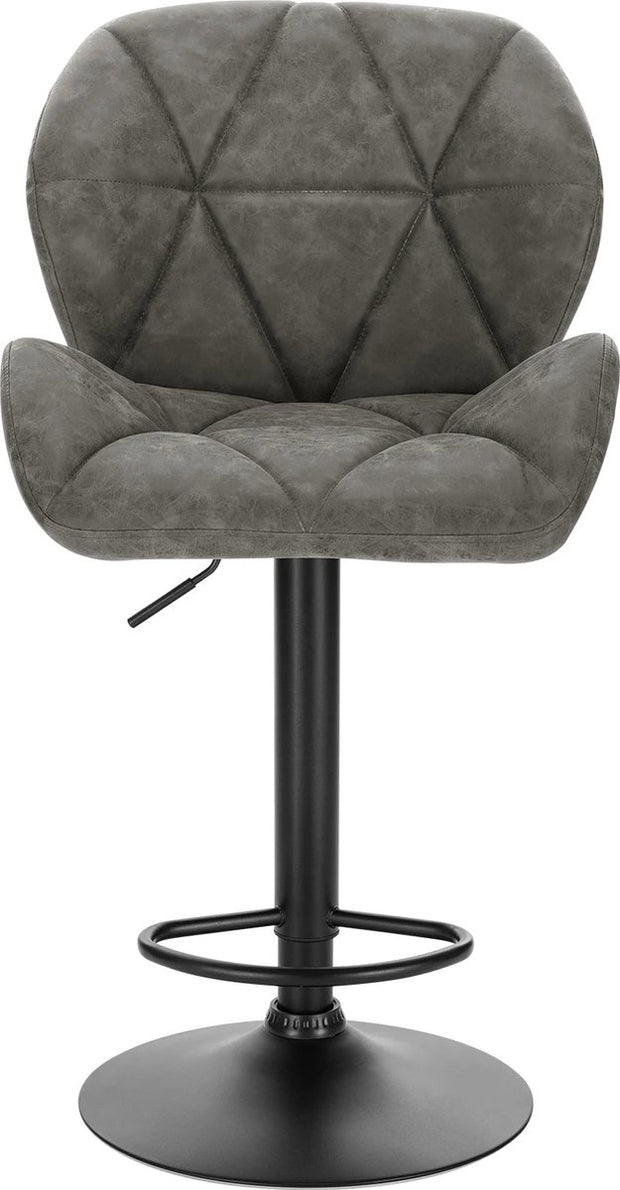 Set van 2 grijze leren barkrukken – Verstelbare barkrukken met rugleuning – Gaslift keukenkrukken – Zwarte metalen voet – Zithoogte 60–82 cm