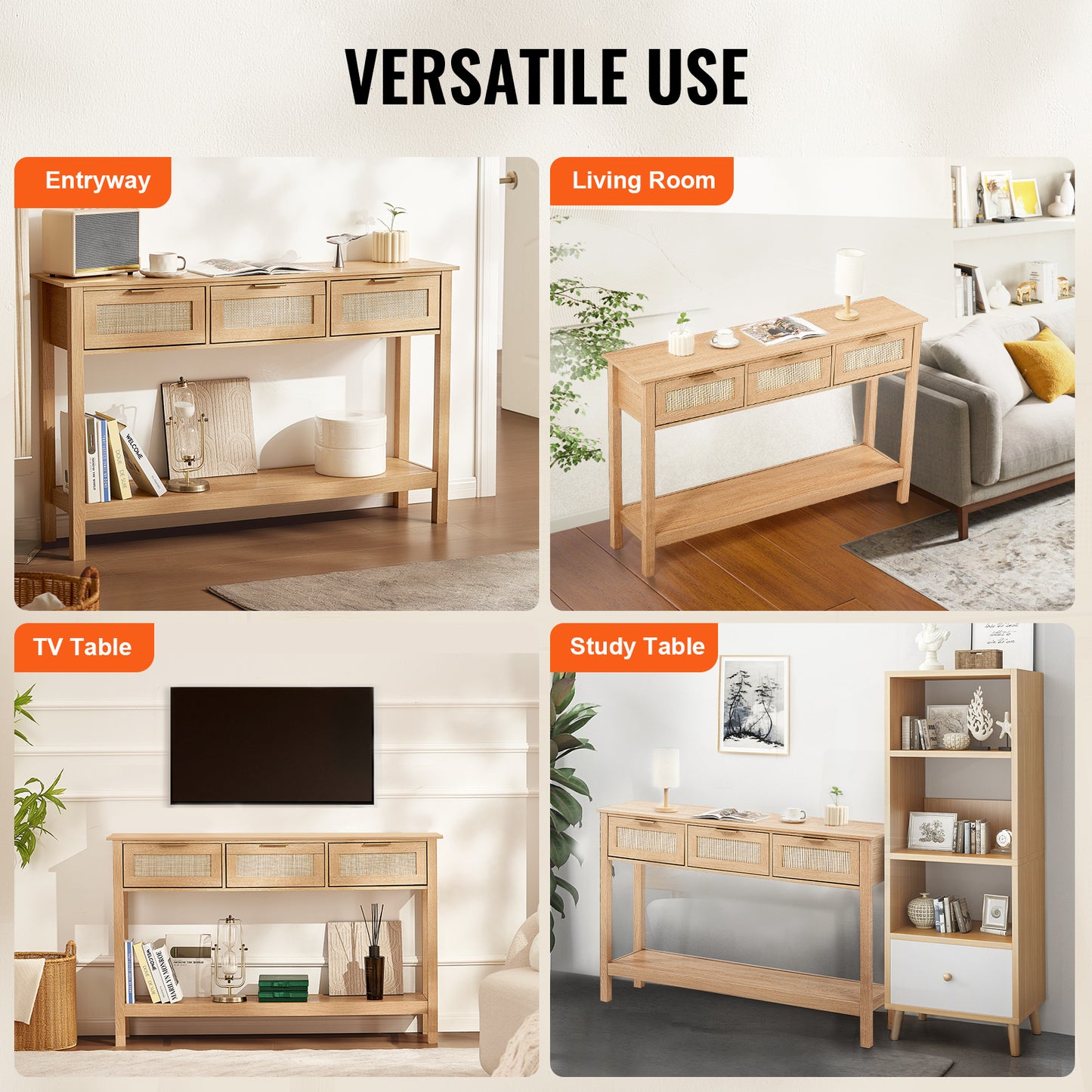 Rieten Sidetable – Rieten Tafel – Opbergtafel – Bijzettafel – Wandtafel – Natuurlijk Riet – 3 Lades – Eenvoudige Montage