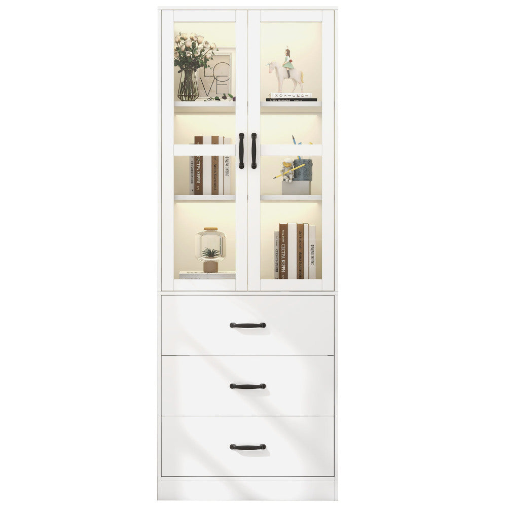 Vitrinekast – Glazen Kast – Opbergkast – Wandvitrine – Standkast – Wit – 200 cm Hoog – 3 Lades & Verstelbare Planken
