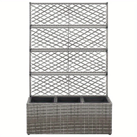 Raised Bed Met Klimrek – Bloembak – Plantenbak – Tuinbak – Bloemenbak – Polyrattan Materiaal – Inclusief 2 Verwijderbare Potten – Grijs