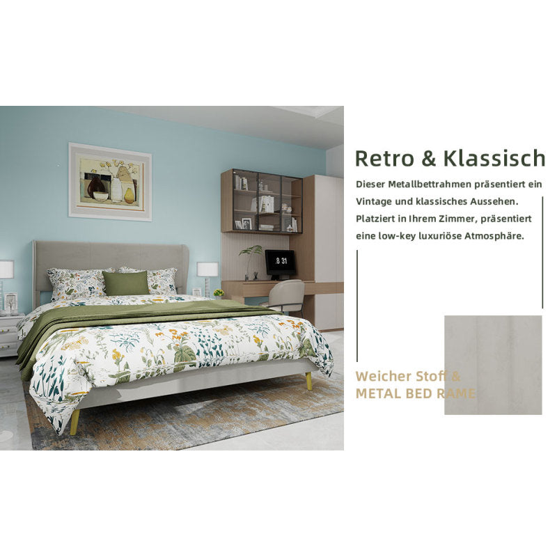 Modern Minimalist Upholstered Bed Frame with Plush Headboard - Queen/King Size (140x200cm), Beige Low-Profile Non-Storage Base, No Box Spring/European Mattress Compatible, Easy Assembly, Durable Non-Wood (Mattress Not Include
