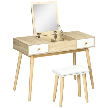 Make-up Kaptafel – Make-up Tafel – Schoonheidstafel – Cosmeticatafel – Kaptafel Met Kruk – Scandinavisch Design – Opklapbare Spiegel – 2 Laden – Natuurlijk Houtlook – 100x45x118 cm