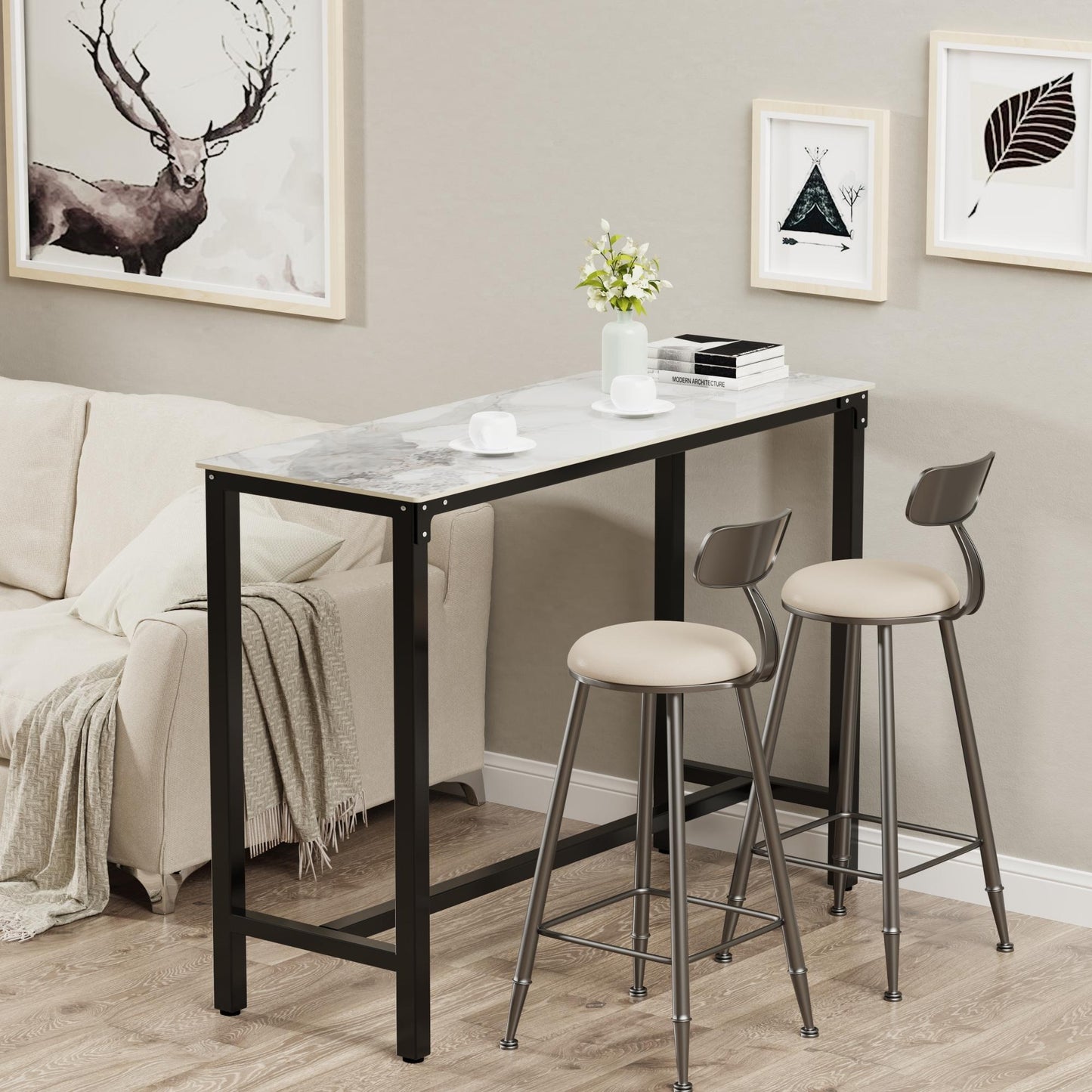 Barkruk – Bar Tafel – Bistro Tafel – Keukentafel – Tafeltje – Keramisch Marmer – Zwart Metalen Frame – Rechthoekig – 120x40x105 cm