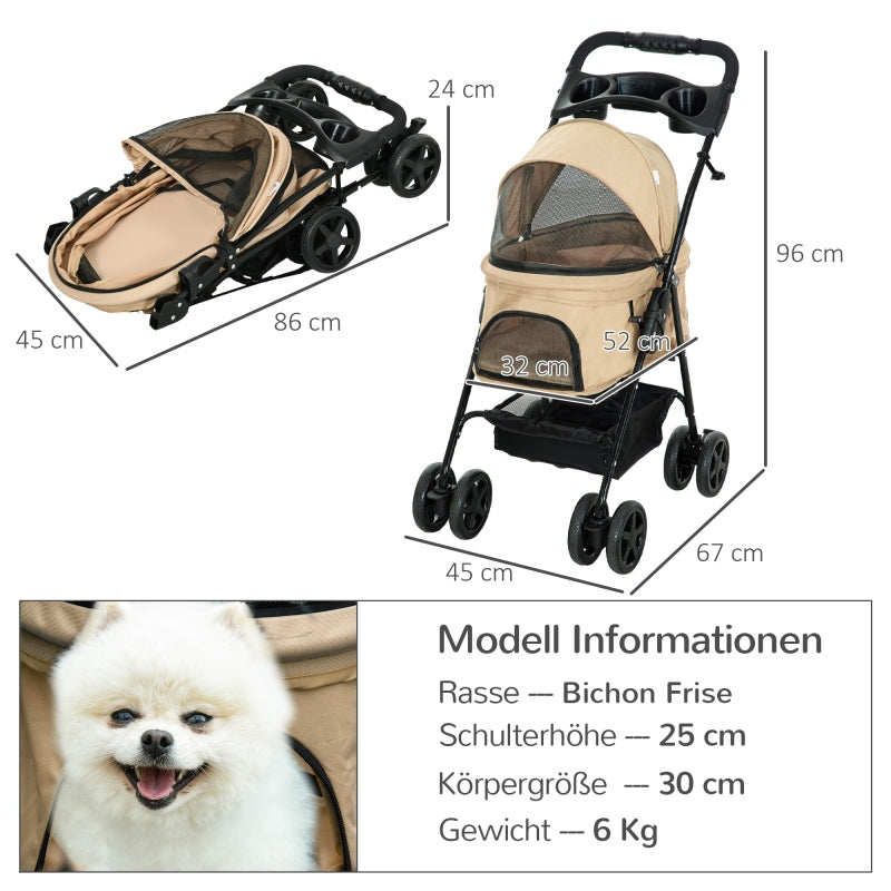 Dierenwagen – Huisdierenwagen – Huisdierbuggy – Hondenwagen – Kattenwagen – Khaki – Stevig IJzeren Frame – 360° Draaibare Voorwielen Met Remmen