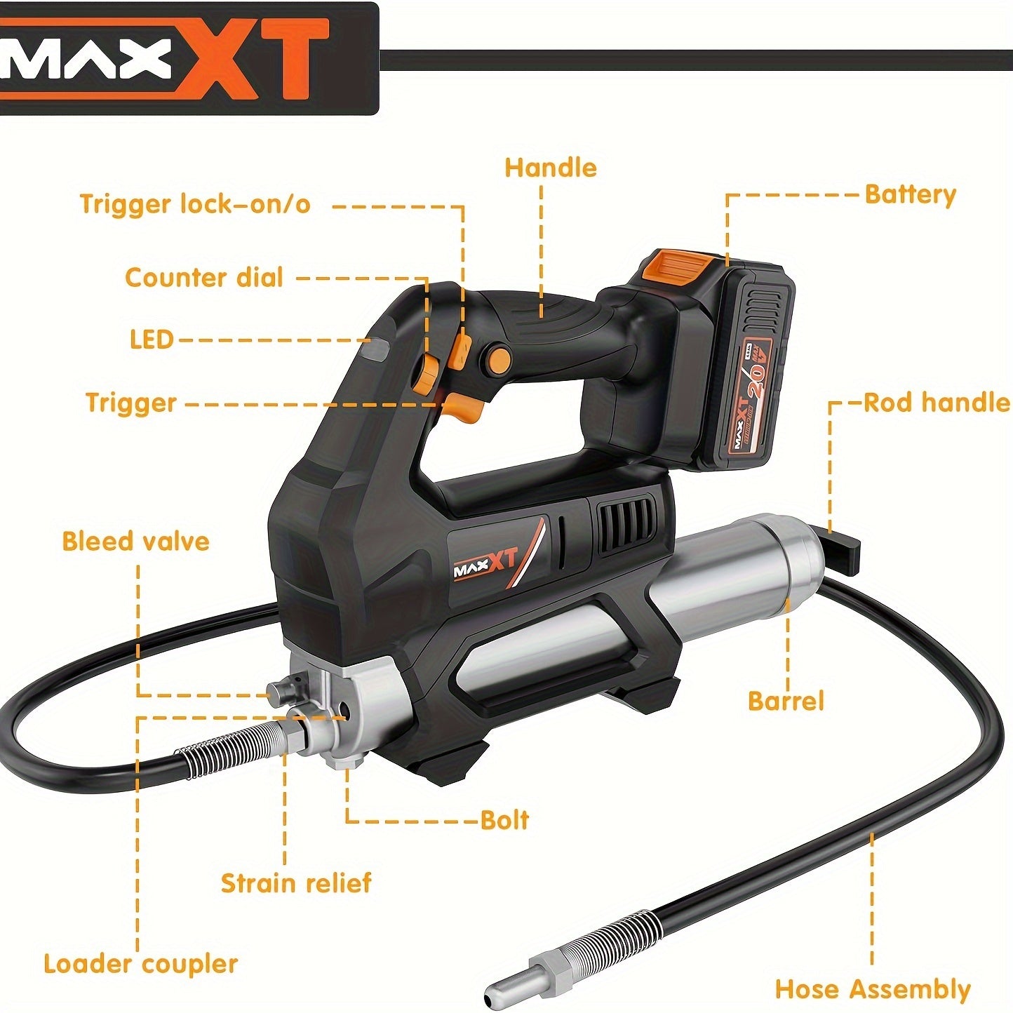 Vetspuit – Vetpistool – Vetpomp – Smeerpistool – Vetpistool Accu – Titaniumlegering – 20.000 PSI Druk – 101,6 cm Flexibele Slang