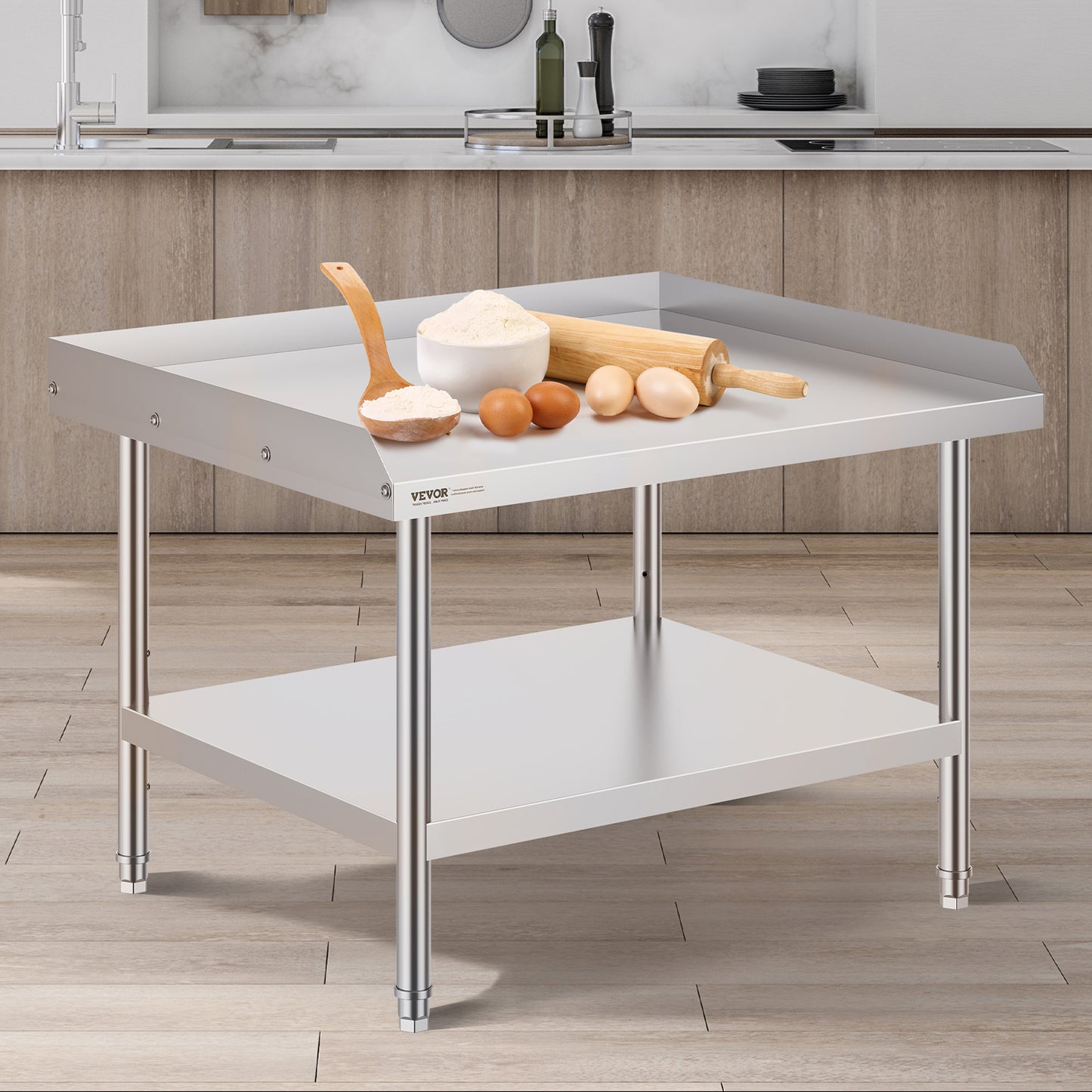 Werktafel – Werkbank – Opbergtafel – Preparatietafel – Roestvrij Staal – 3-zijdige Opstaande Rand – Verstelbare Legplanken