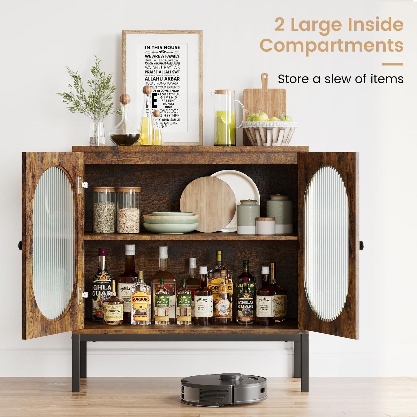 Set of 2 Rustic Buffet Storage Cabinets with 2 Fluted Glass Doors | European Style Hardwood Sideboard Accent Console Bar Cabinets for Dining Room, Kitchen, Living Room, Hallway, Floor Mount, Brown
