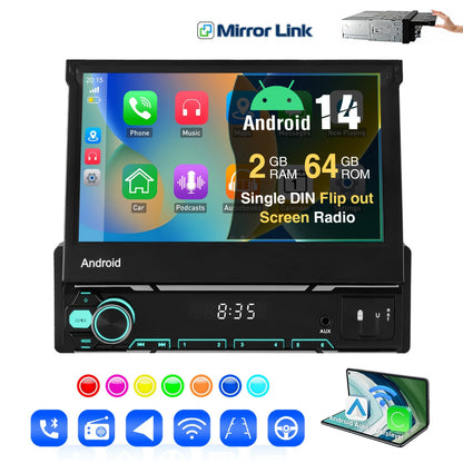 Multimedia Autoradio – Car Stereo – GPS Navigatie – Android Speler – 1 DIN Radio – 7 Inch Uitklapbaar IPS Touchscreen – Android 14 – Wireless CarPlay & Android Auto