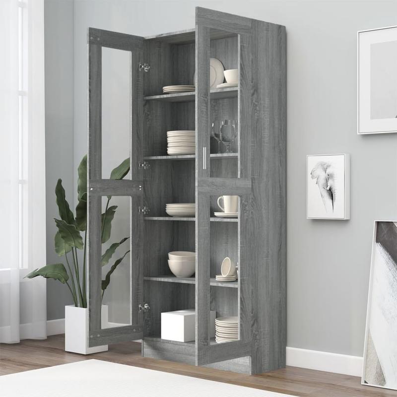 Vitrinekast – Vitrine – Glazen Kast – Opbergkast – Boekenkast – Modern Grijs – Smal Hoog – Houtconstructie – Ruimtebesparend Verticaal Design