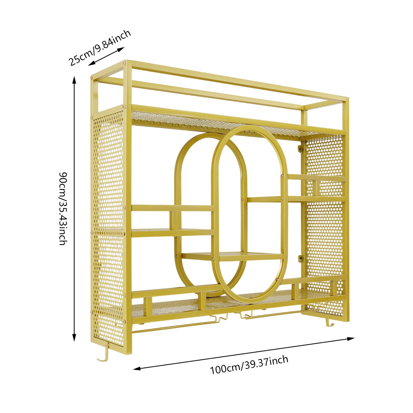 Wandwijnkast – Wijnrek – Wijnhouder – Flessenrek – Glazenhouder – Gouden Kleur – 39 Flessen Capaciteit – Stevig IJzeren Frame