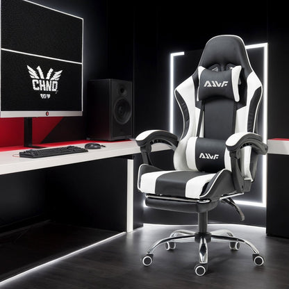 Gamestoel – Gaming Stoel – Game Stoel – Gaming Chair – Bureaustoel – Ergonomisch Met Verstelbare Rugleuning – Inklapbare Voetensteun – Kunstleder – 360° Draaibaar - Zwart-Wit