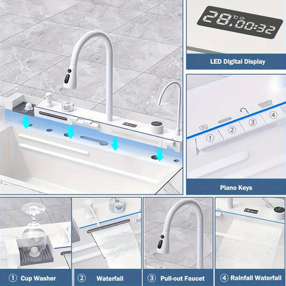 Waterval Keukenspoelbak – Keukenspoelbak – Spoelbak – Keukensink – Wastafel – Wit – Dubbele Afvoer – Digitale Watervalkraan