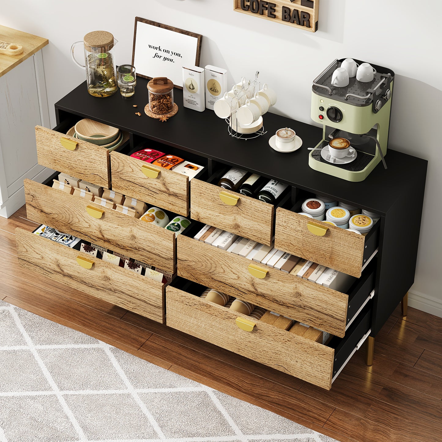 Dressoir – Buffetkast – Opbergkast – Sideboard – Commode – 8 Laden – Vrijstaand – Modern Design – Donkere Deuren – Gouden Poten – Zonder Elektriciteit – Ruime Opbergruimte