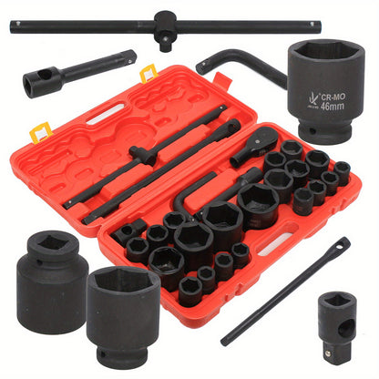 Industrial Strength 3/4" + 1" Bike Repair Tool Set 21-65mm Deep Wall Chrome Vanadium Sockets for Lorry/Bus Maintenance, Bike Repair Tool Set, Versatile Tool Kit, Durable Toolbox, Robust Construction, Professional Mechanics, H
