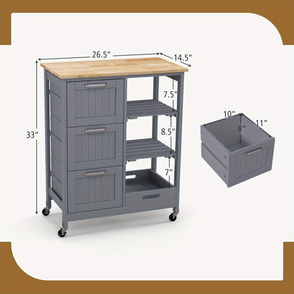 Keukentrolley – Keukenkast – Serveerwagen – Opbergtrolley – Keukenrek – Mobiel met Wieltjes – Rubberwood Werkblad – 3 Lades & Afneembare Planken