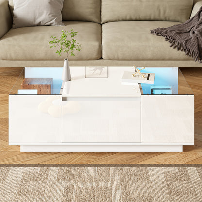 Modern Minimalist Large Coffee Table with Glass Top & Storage - White Frame, 2 Drawers, Easy Assembly, 105cm (40.5") Square Table, Metal for, Beige -Friendly Furniture - No Wood, Low-Maintenance