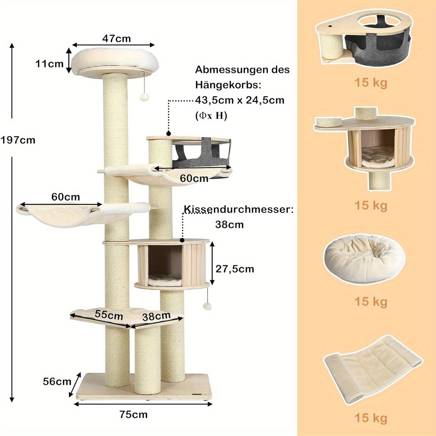 Krabpaal – Kattenboom – Kattenhuis – Kattenkrabpaal – Kattenpaal – 197 cm Hoog – Natuurlijk Hout Met Sisal Palen