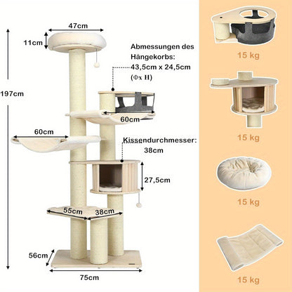 Krabpaal – Kattenboom – Kattenhuis – Kattenkrabpaal – Kattenpaal – 197 cm Hoog – Natuurlijk Hout Met Sisal Palen