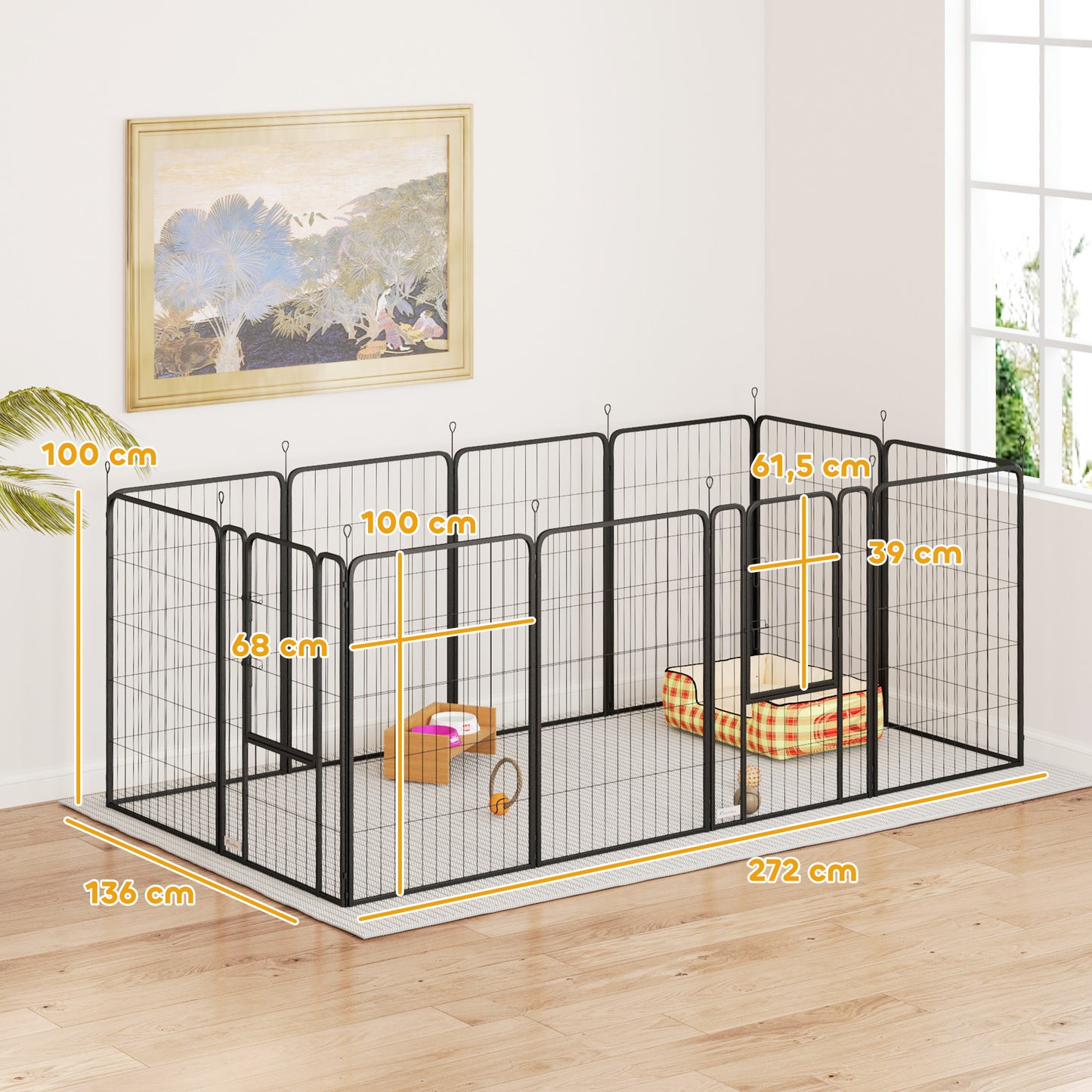 Hondenren – Hondenhok – Puppyren – Kattenren – Dierenren – Modulair 12 Panelen – Opvouwbaar Stalen Hek 100 cm Hoog – Inclusief Deur – Geschikt Binnen & Buiten