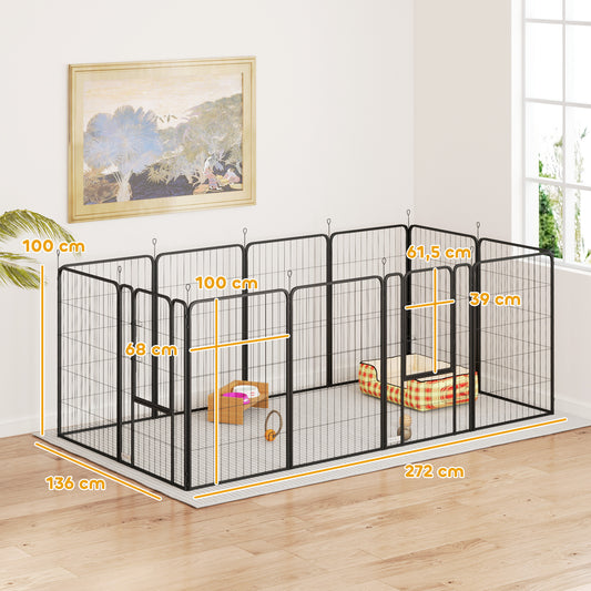 Hondenren – Hondenhok – Puppyren – Kattenren – Dierenren – Modulair 12 Panelen – Opvouwbaar Stalen Hek 100 cm Hoog – Inclusief Deur – Geschikt Binnen & Buiten