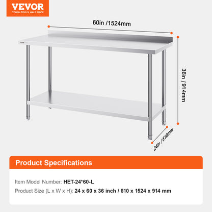 Werktafel RVS – RVS Tafel – Roestvrijstalen Werkbank – Keukentafel – Werkblad – 60 x 24 inch – 0,8 mm Dikte Roestvrij Staal – 3 Verstelbare Legplanken