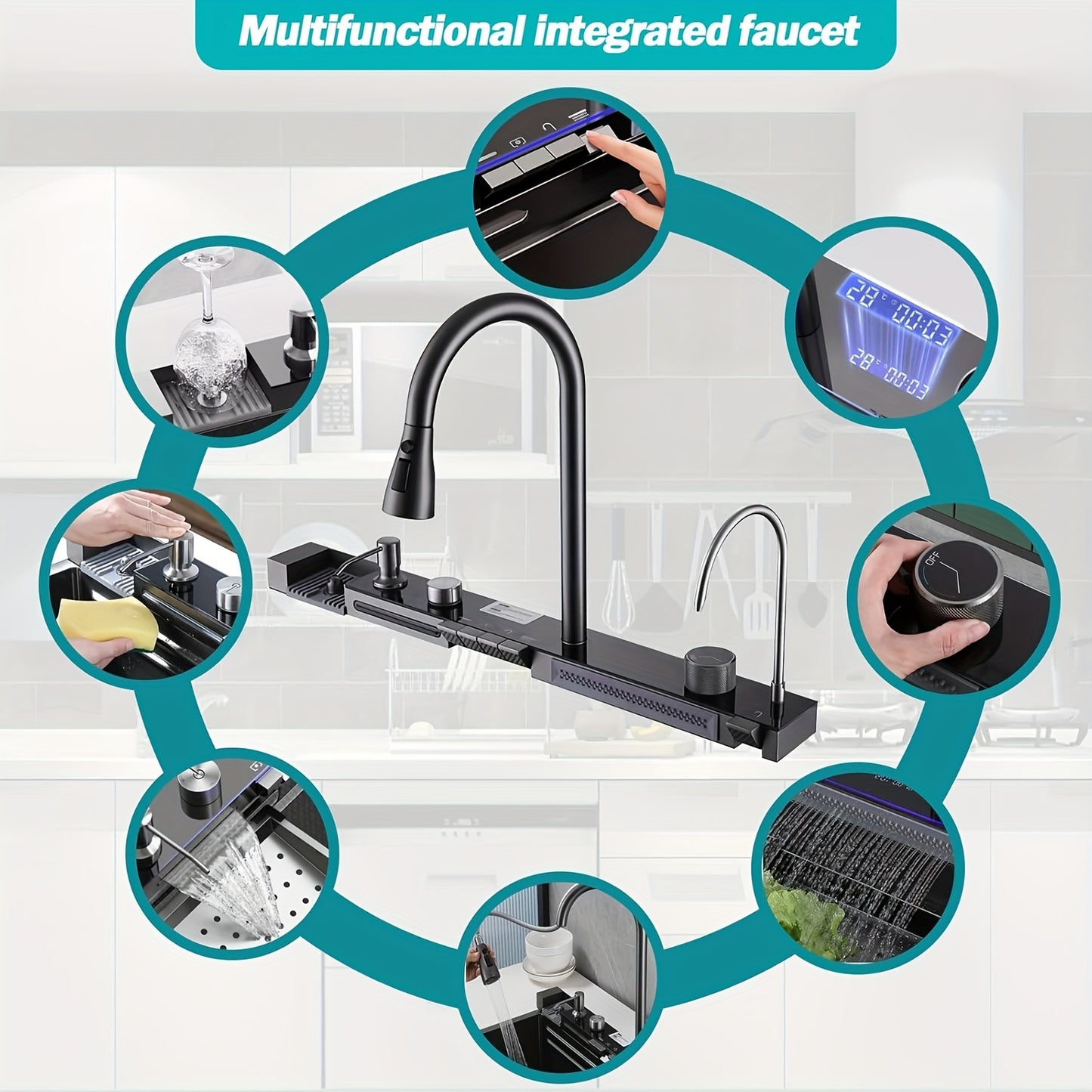 Keukenspoelbak – Spoelbakken Keuken – Wasbak Keuken – Gootsteen – Enkele Spoelbak – 75x45 cm – RVS Geborsteld – Waterfall Kraan Met Digitaal Display