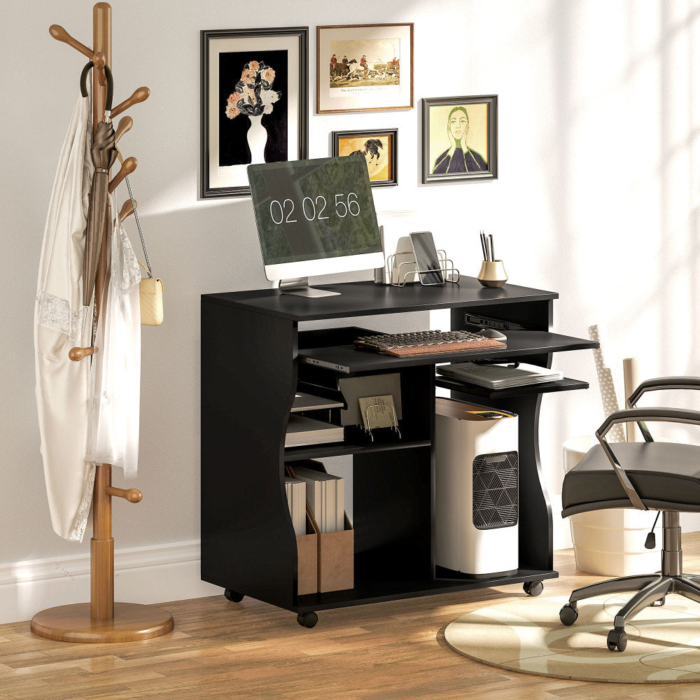 Comput Bureau – Computertafel – Werkplek Tafel – Bureau Met Opbergruimte – Keyboardlade – Compact 80x48x75 cm – Stevig Matzwart Met Vijf Wielen
