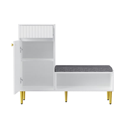 BTM Modern Shoe Cabinet with Bench, 1 Door, 1 Drawer, 1 Open Shelf, Padded, White, 100x35x82.2 cm