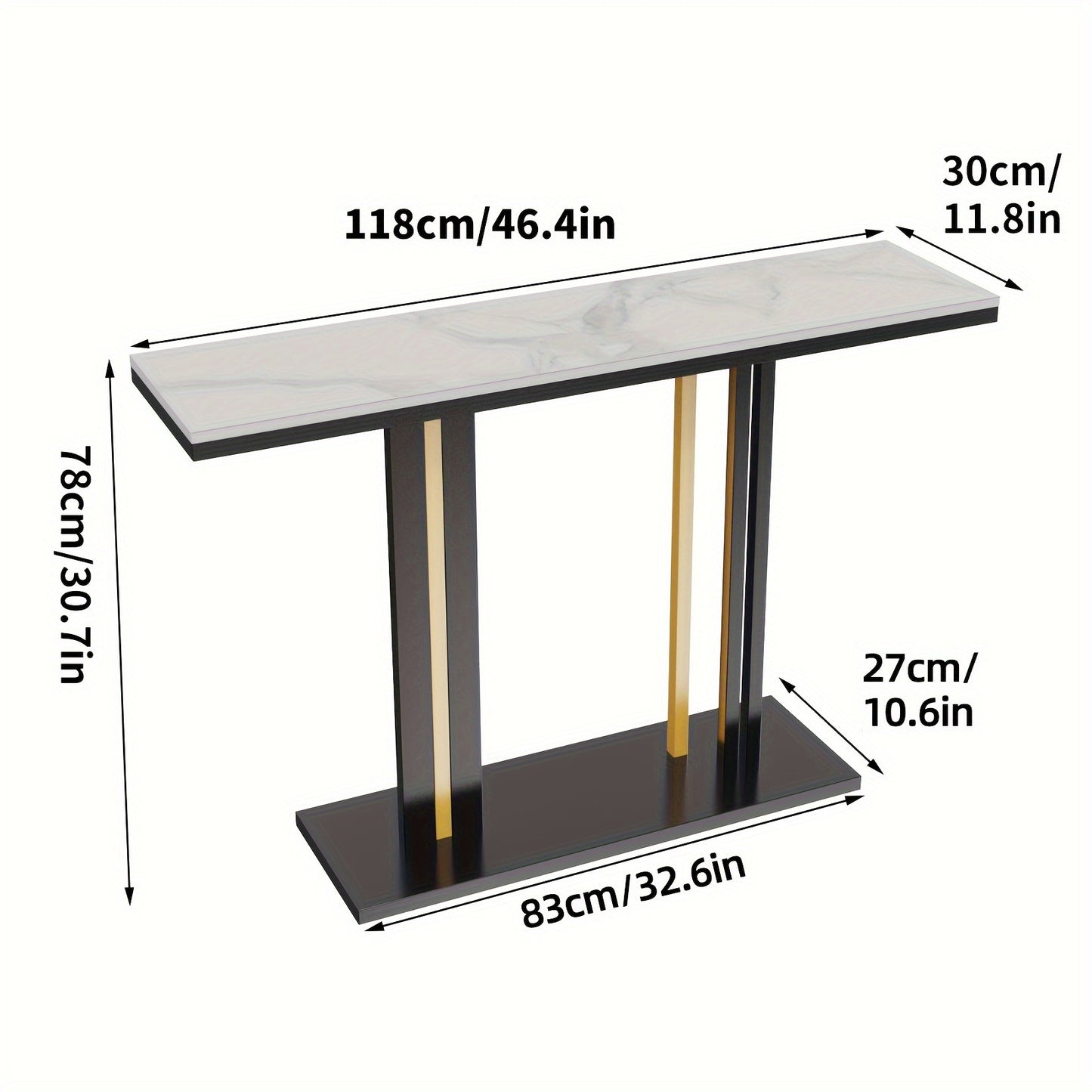 Sidetable – Haltafel – Console Table – Wandtafel – Bijzettafel – Smal Hoog Design – Witte Gesinterde Steen Marmerlook – Zwart Goud Metaal – 118x30x78 cm – Max 30 kg Draagvermogen