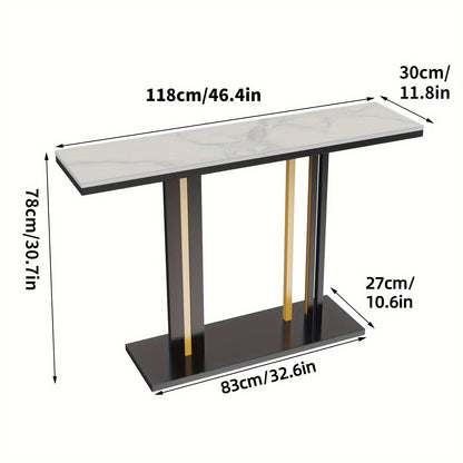Sidetable – Haltafel – Console Table – Wandtafel – Bijzettafel – Smal Hoog Design – Witte Gesinterde Steen Marmerlook – Zwart Goud Metaal – 118x30x78 cm – Max 30 kg Draagvermogen