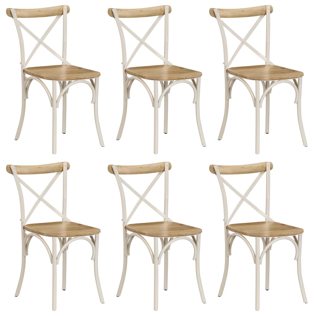 Eettafelstoel – Stoel – Kuipstoel – Dinersstoel – Keukenstoel – Massief Mangohout – Wit Stalen Frame – Set Van 6 – Handgemaakt