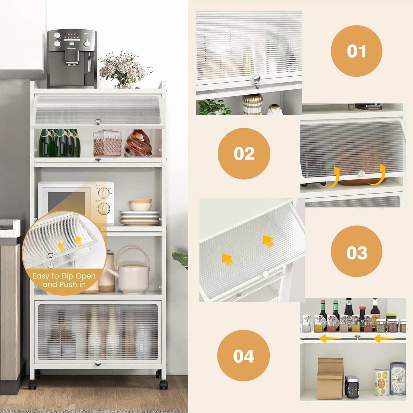 Keukenkast op Wieltjes – Opbergkast – Keukenrek – Kast met Deuren – Staande Kast – 5 Opbergniveaus – Stalen Frame – Lockbare Wielen