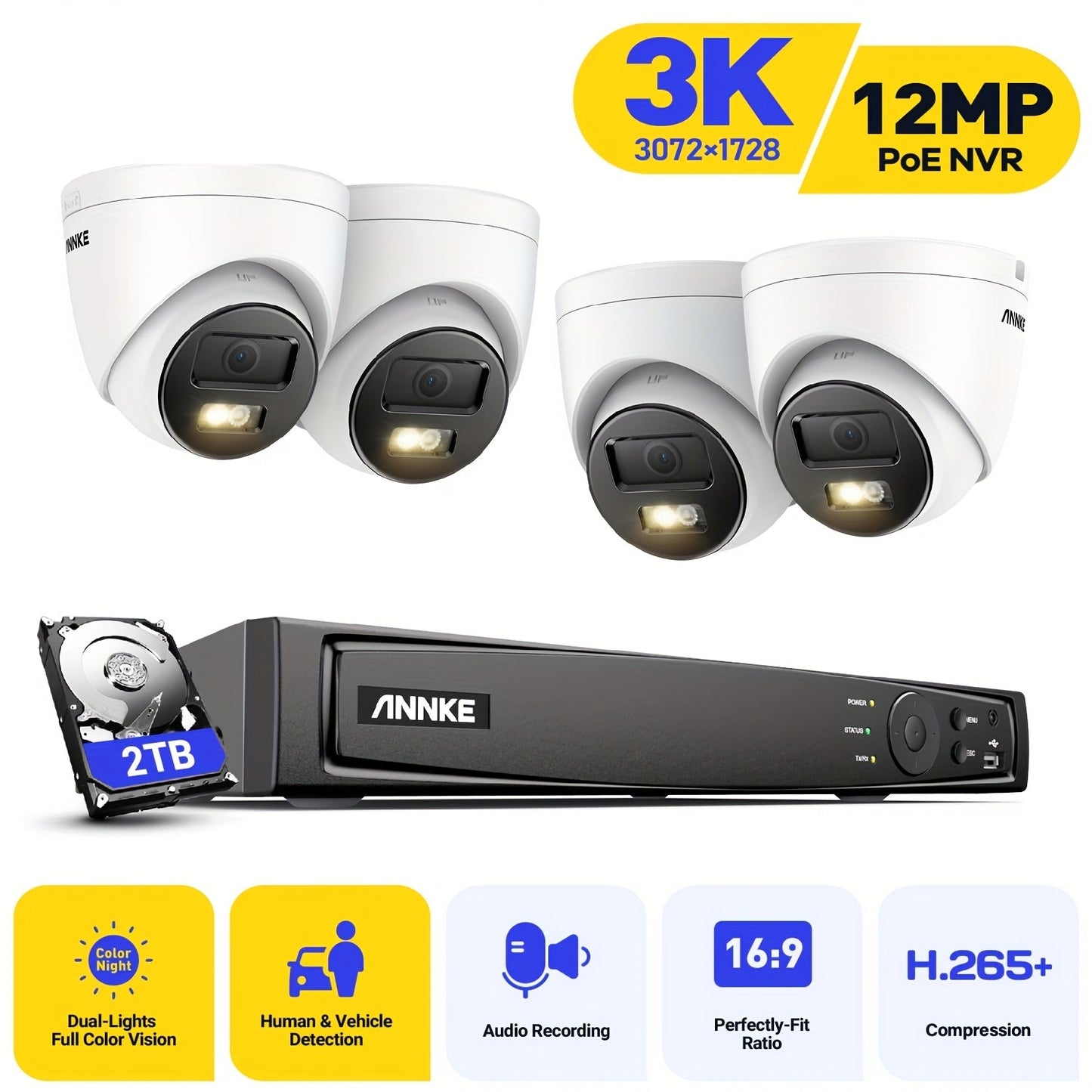 Beveiligingscamera – Camerabewaking – Inbraakbeveiliging – Bewakingscamera – Buitencamera – 4x 3K/5MP Camera’s – Kleurennachtzicht 30m – 2TB HDD & Bekabeld