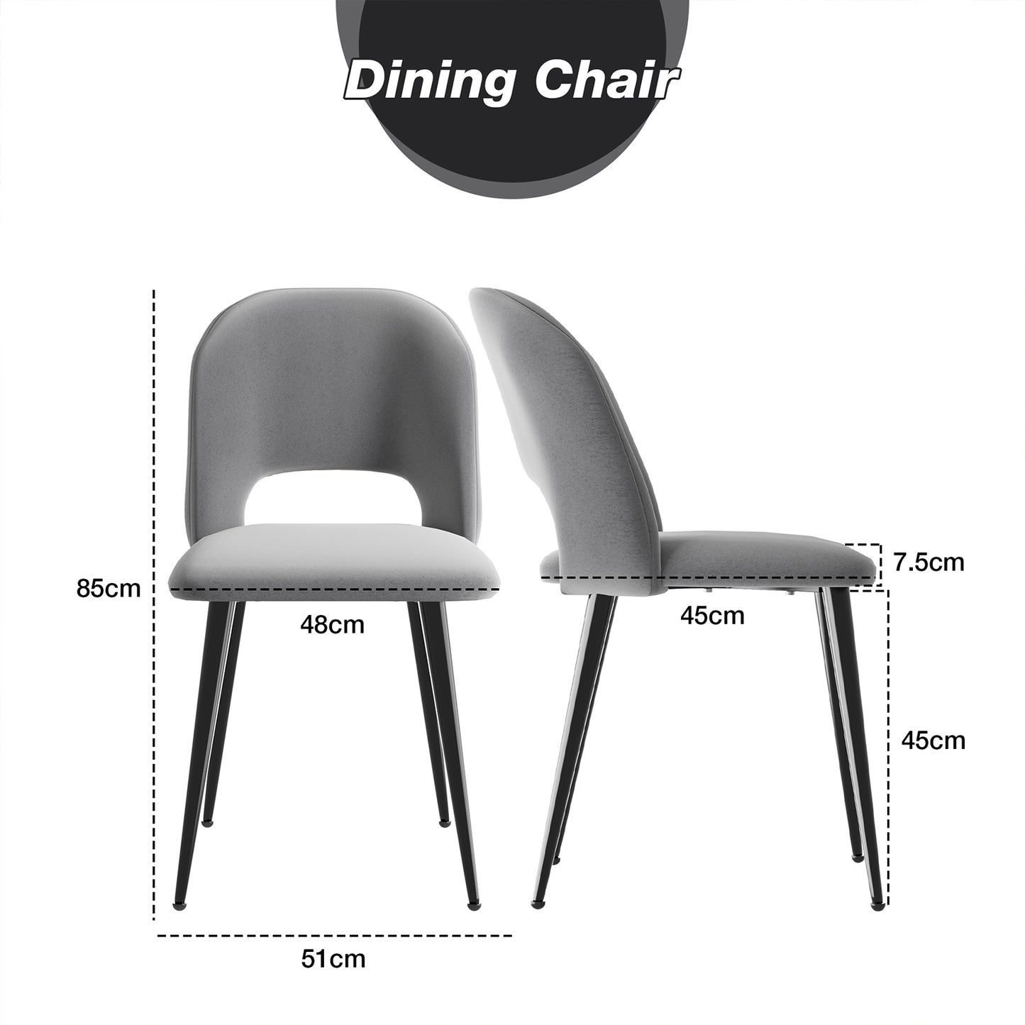 Eetkamerstoel – Stoel – Dining Chair – Keukenstoel – Dining Room Chair – Grijs Fluwelen Bekleding – Ergonomisch Ontwerp – 48x45x85 cm Compact Formaat