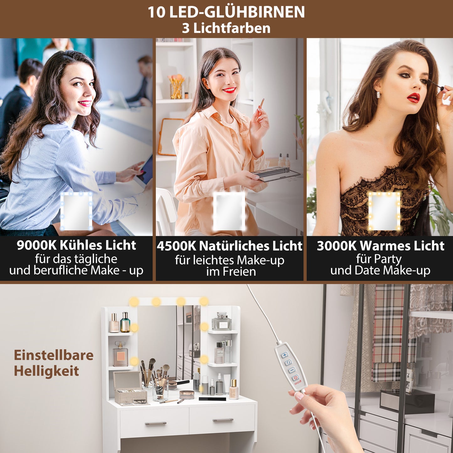 Make-uptafel – Make-up tafel – Make-up meubel – Beauty tafel – Schminktisch – Wit design – Dimbare LED-verlichting – Ruime opberglades