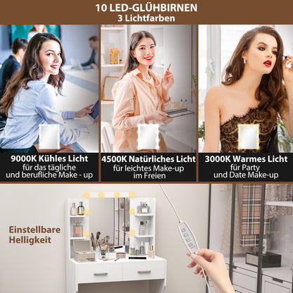 Make-uptafel – Make-up tafel – Make-up meubel – Beauty tafel – Schminktisch – Wit design – Dimbare LED-verlichting – Ruime opberglades