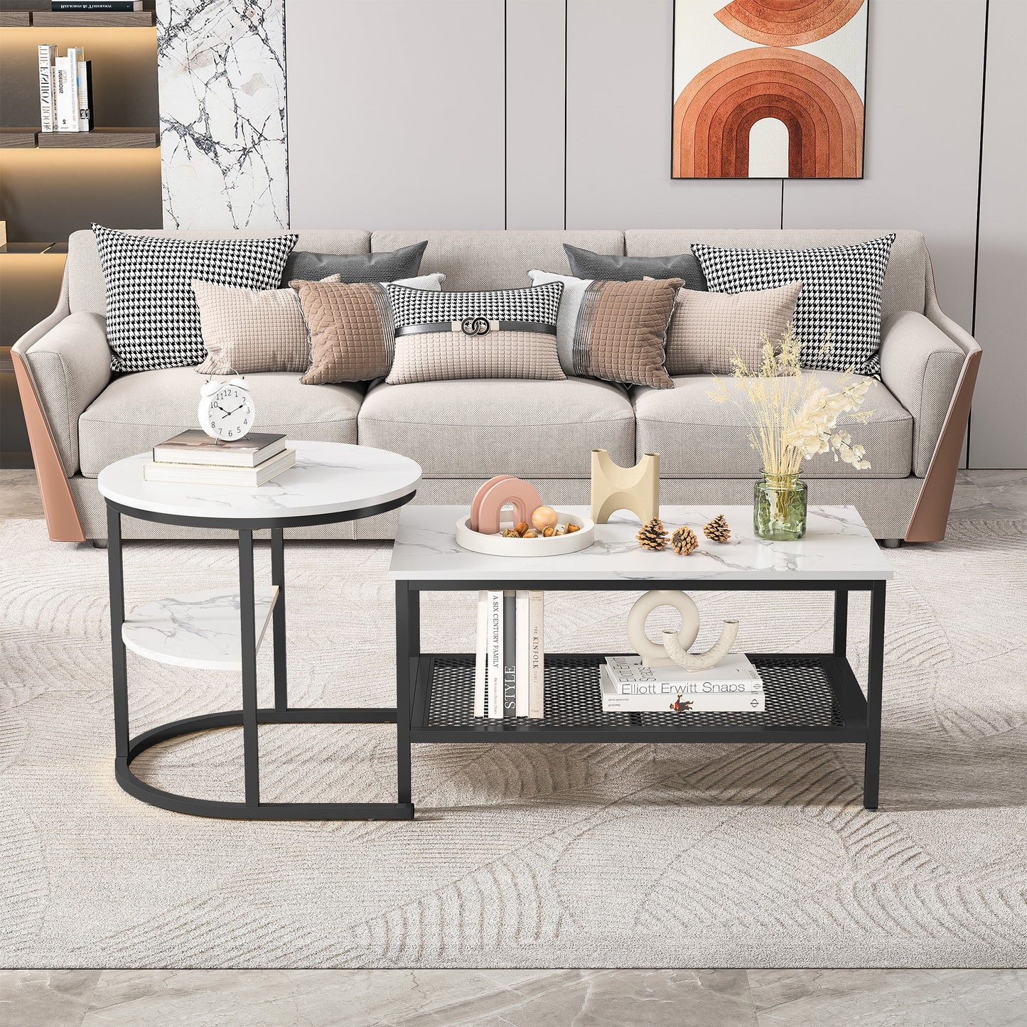 Salontafel – Woonkamertafel – Bijzettafel – Koffietafel – Tafelset – Kunstmarmeren Blad – Metalen Frame – 2-in-1 Rond en Rechthoekig – Opbergruimte